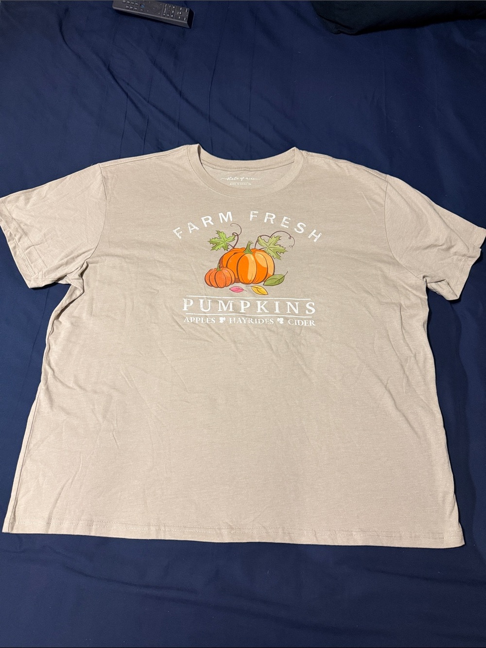 State of Mind Beige Graphic Tee with Orange Pumpkin Design